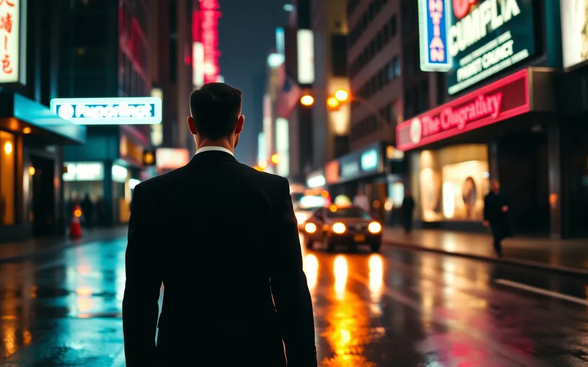 Man in tuxedo walking through a neon-lit Indian city street